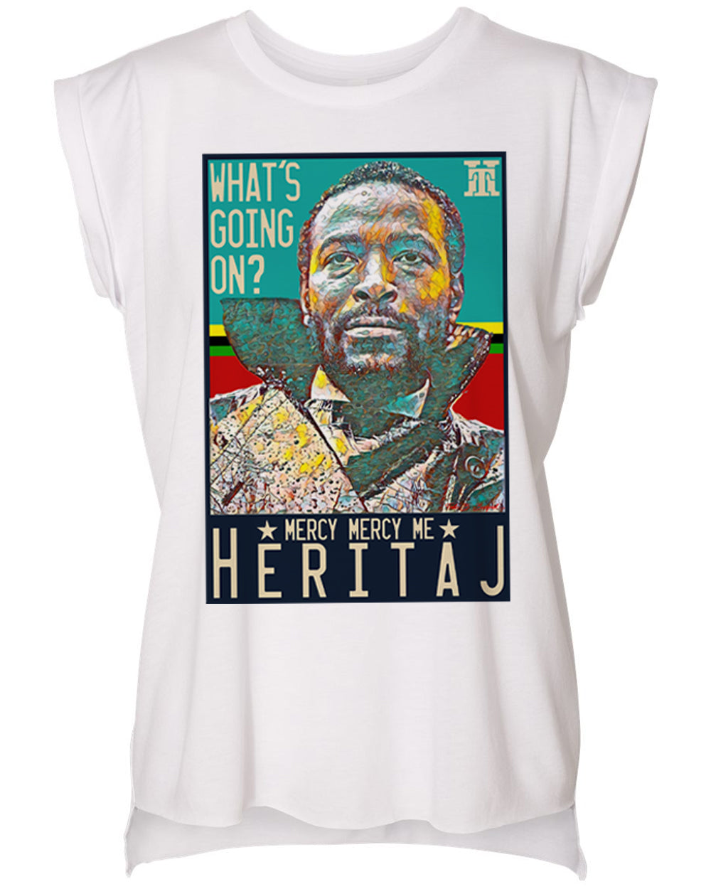 MARVIN GAYE-ABSTRACT MURAL-FLOWY ROLLED CUFFS TANK